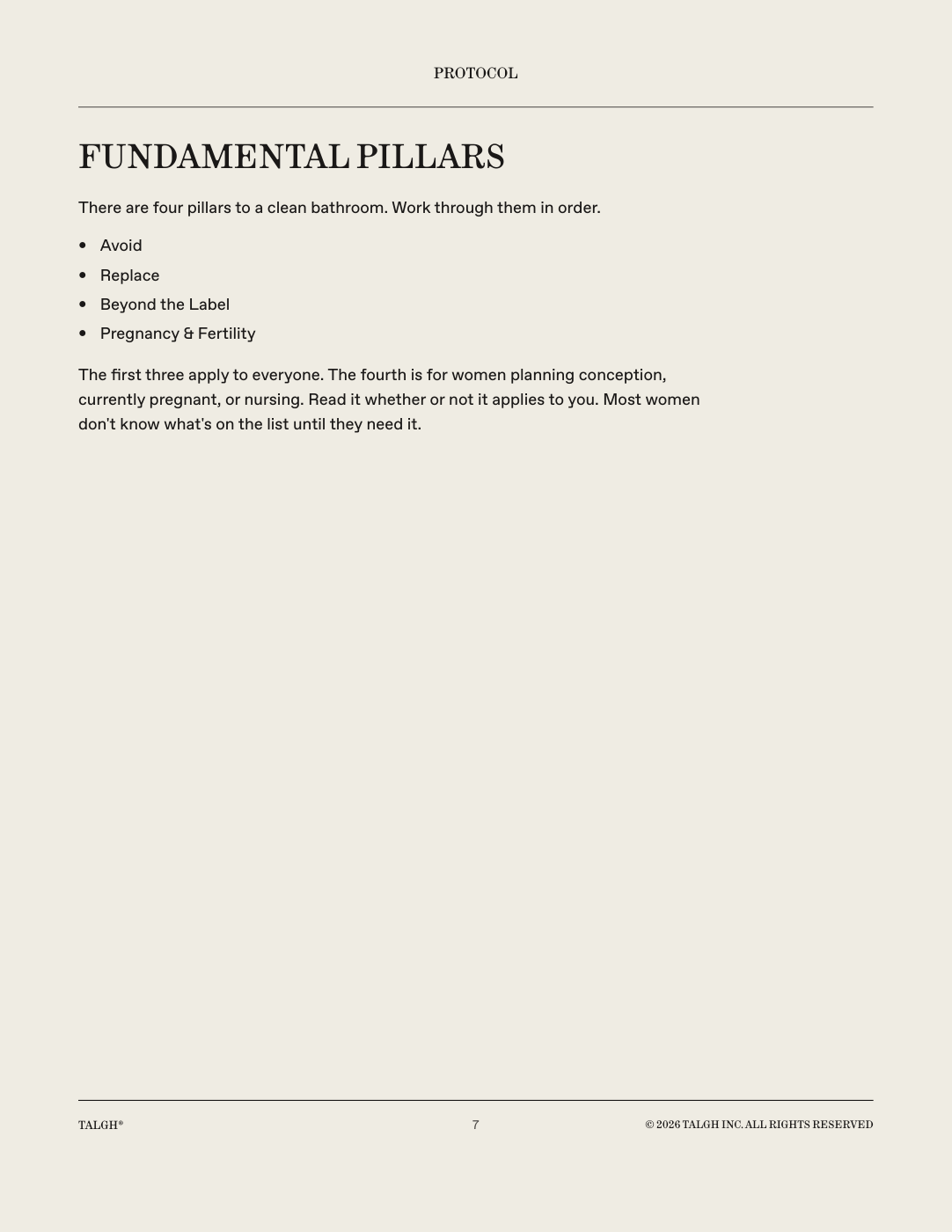 Page 7 of The Bathroom Audit showing its four fundamental pillars